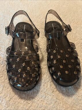 INTENTIONALLY BLANK Smoky Brown/Black Jelly Studded Gladiator Sandals